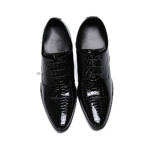 Men Genuine Leather Derby Shoes Office Business Wedding Lace up Pointed Toe Snake Skin Prints Square Heels Shoes Zapatos Hombre