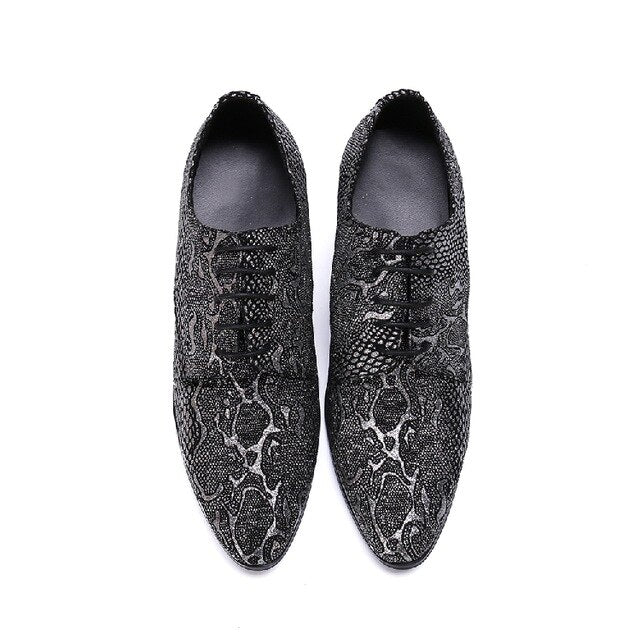 Men Genuine Leather Derby Shoes Office Business Wedding Lace up Pointed Toe Snake Skin Prints Square Heels Shoes Zapatos Hombre