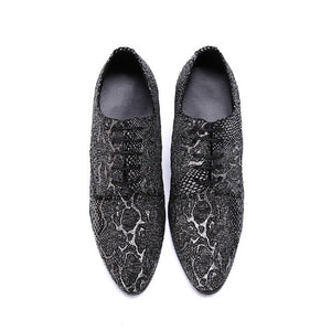 Men Genuine Leather Derby Shoes Office Business Wedding Lace up Pointed Toe Snake Skin Prints Square Heels Shoes Zapatos Hombre