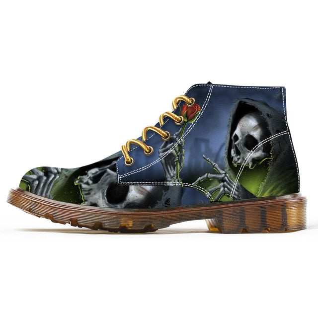 Fashion Boots for Men Unique Cool Skull Print Motorcycle Combat Boots Man Chukka Custom Shoes Male Ankle Boots