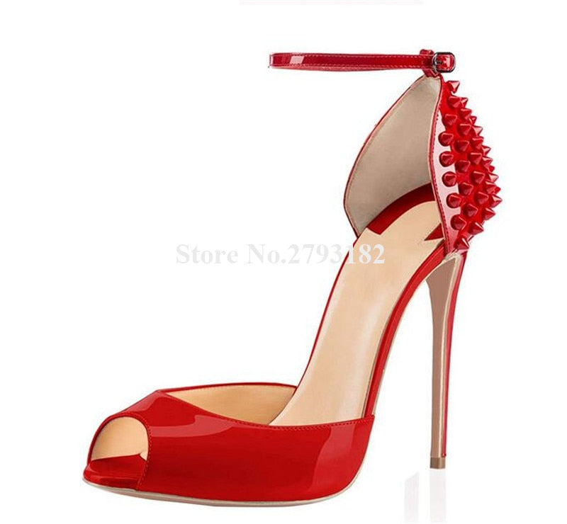 Women Brand Design Peep Toe Patent Leather Stiletto Heel Rivet Pumps Red Black Ankle Strap High Heels Formal Dress Heels