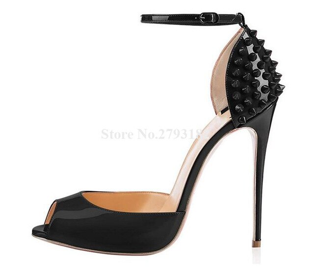 Women Brand Design Peep Toe Patent Leather Stiletto Heel Rivet Pumps Red Black Ankle Strap High Heels Formal Dress Heels