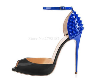 Women Brand Design Peep Toe Patent Leather Stiletto Heel Rivet Pumps Red Black Ankle Strap High Heels Formal Dress Heels