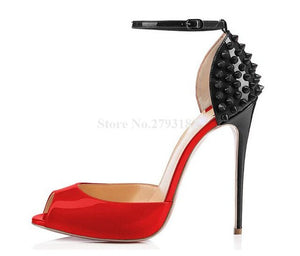 Women Brand Design Peep Toe Patent Leather Stiletto Heel Rivet Pumps Red Black Ankle Strap High Heels Formal Dress Heels