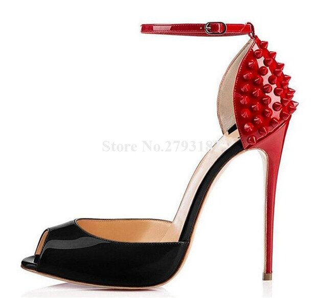 Women Brand Design Peep Toe Patent Leather Stiletto Heel Rivet Pumps Red Black Ankle Strap High Heels Formal Dress Heels
