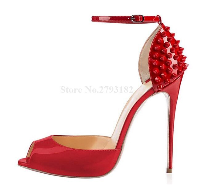 Women Brand Design Peep Toe Patent Leather Stiletto Heel Rivet Pumps Red Black Ankle Strap High Heels Formal Dress Heels