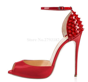 Women Brand Design Peep Toe Patent Leather Stiletto Heel Rivet Pumps Red Black Ankle Strap High Heels Formal Dress Heels