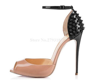 Women Brand Design Peep Toe Patent Leather Stiletto Heel Rivet Pumps Red Black Ankle Strap High Heels Formal Dress Heels