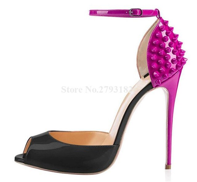 Women Brand Design Peep Toe Patent Leather Stiletto Heel Rivet Pumps Red Black Ankle Strap High Heels Formal Dress Heels