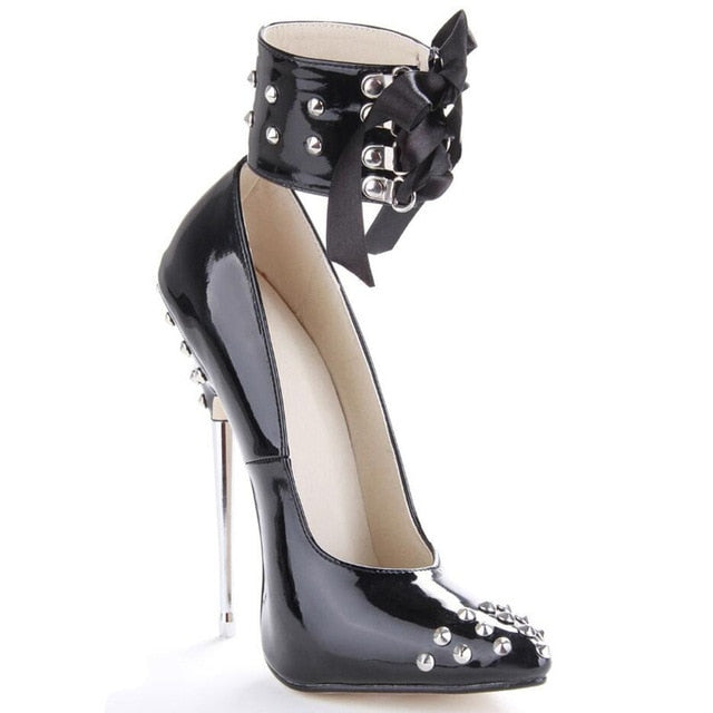 35~46 Women 16cm High Heels Patent Leather Pumps Woman Stiletto Pointed Toe Female Sexy Spikes Lace Up Party Shoes Office Lady