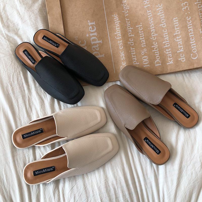Women Mules Slip Ons Flat Heel Slides Spring Summer Solid Color Footwear Soft Leather Shoes