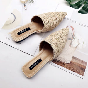 Summer New Women's Solid Toe-covered Slipper Fashion Pointed Woven Breathable Lazy Slippers Flat Sandals Women Mule Slides Shoes