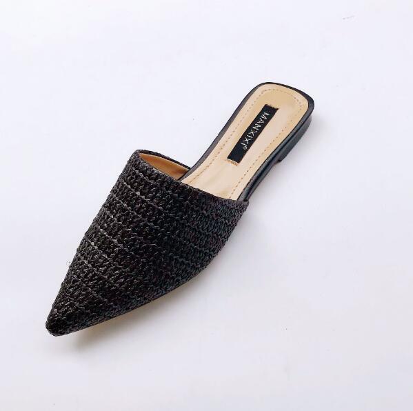 Summer New Women's Solid Toe-covered Slipper Fashion Pointed Woven Breathable Lazy Slippers Flat Sandals Women Mule Slides Shoes