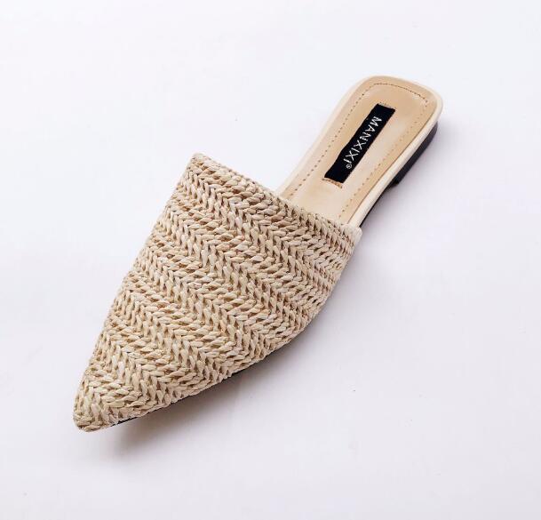 Summer New Women's Solid Toe-covered Slipper Fashion Pointed Woven Breathable Lazy Slippers Flat Sandals Women Mule Slides Shoes