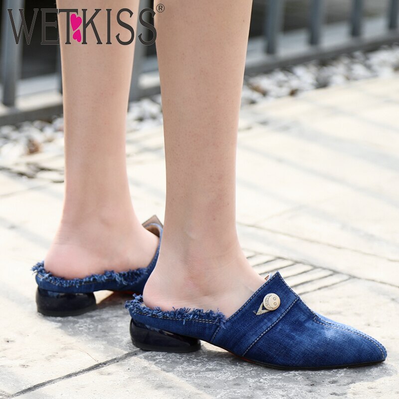 WETKISS 2019 New Women Slides Shoes Button Denim Slippers Summer Strange Style Mules Shoes Ladies Low Heels Holed Shoes Female