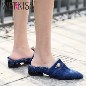 WETKISS 2019 New Women Slides Shoes Button Denim Slippers Summer Strange Style Mules Shoes Ladies Low Heels Holed Shoes Female