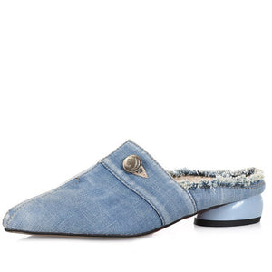 WETKISS 2019 New Women Slides Shoes Button Denim Slippers Summer Strange Style Mules Shoes Ladies Low Heels Holed Shoes Female