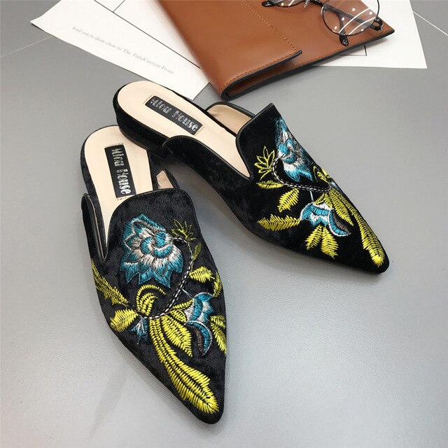 Gold velvet mules shoes women embroidery flower slippers pointed toe flock flat moccasins embroider floral loafers flats HX-48