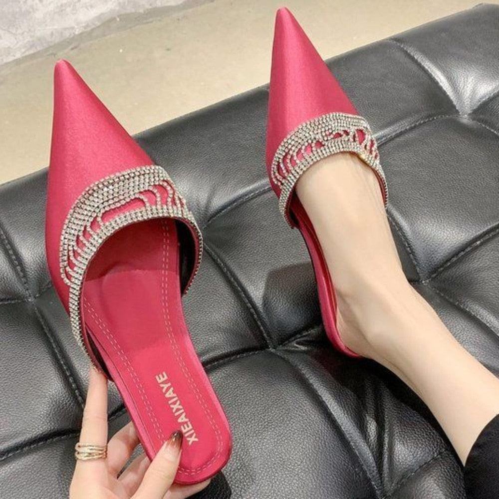 Women Leather Patent Crystal Slippers for Women Slip On Female Mules Sexy Pointed Toe Women Slides
