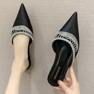 Women Leather Patent Crystal Slippers for Women Slip On Female Mules Sexy Pointed Toe Women Slides