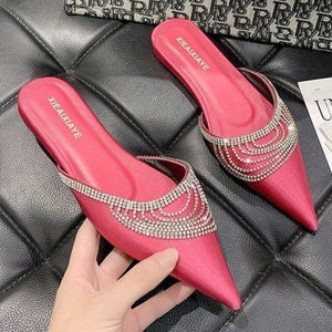 Women Leather Patent Crystal Slippers for Women Slip On Female Mules Sexy Pointed Toe Women Slides