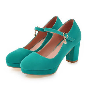 Mary Jane Shoes for Women High Heels Platform Pumps Round Toe Buckle Strap Block Heel Ladies Shoes Office Dress Shoes Blue Black
