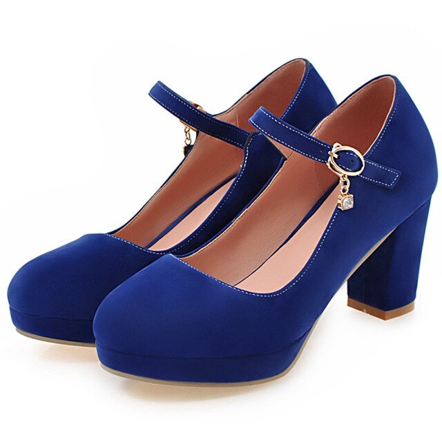 Mary Jane Shoes for Women High Heels Platform Pumps Round Toe Buckle Strap Block Heel Ladies Shoes Office Dress Shoes Blue Black