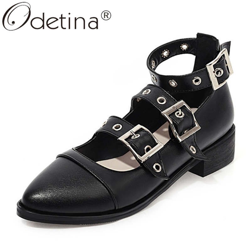 Odetina Women Block Chunky Heel Three-row buckle Mary Janes Shoes Female Non-slip Almond Toe Buckle Strap Sewing Casual Shoes