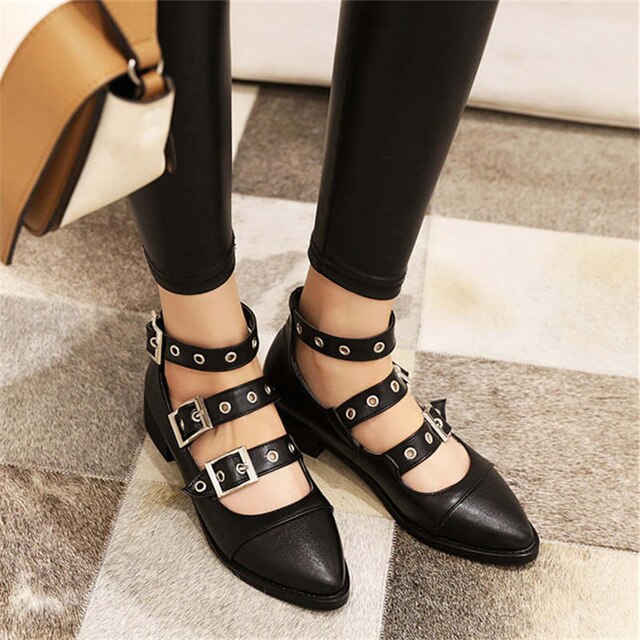 Odetina Women Block Chunky Heel Three-row buckle Mary Janes Shoes Female Non-slip Almond Toe Buckle Strap Sewing Casual Shoes