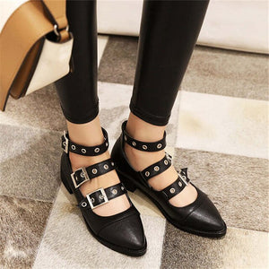 Odetina Women Block Chunky Heel Three-row buckle Mary Janes Shoes Female Non-slip Almond Toe Buckle Strap Sewing Casual Shoes