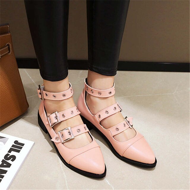 Odetina Women Block Chunky Heel Three-row buckle Mary Janes Shoes Female Non-slip Almond Toe Buckle Strap Sewing Casual Shoes