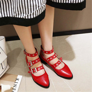 Odetina Women Block Chunky Heel Three-row buckle Mary Janes Shoes Female Non-slip Almond Toe Buckle Strap Sewing Casual Shoes