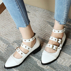 Odetina Women Block Chunky Heel Three-row buckle Mary Janes Shoes Female Non-slip Almond Toe Buckle Strap Sewing Casual Shoes
