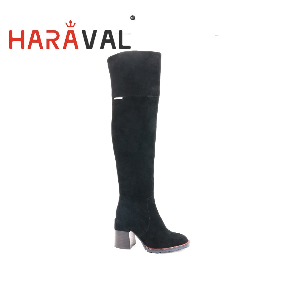 HARAVAL 2020 Autumn Winter  Boots Genuine Leather Over-the-Knee High Heel Thick Heels Women Boots Short Plush Kid Suede BlackD27