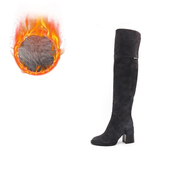 HARAVAL 2020 Autumn Winter  Boots Genuine Leather Over-the-Knee High Heel Thick Heels Women Boots Short Plush Kid Suede BlackD27