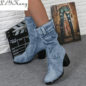 New 2019 Fashion Autumn Winter Women  Boots Denim Women Round Toe Cowboy Style High Heels Shoes Knee High Boots 35-43
