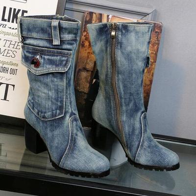 New 2019 Fashion Autumn Winter Women  Boots Denim Women Round Toe Cowboy Style High Heels Shoes Knee High Boots 35-43