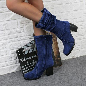 New 2019 Fashion Autumn Winter Women  Boots Denim Women Round Toe Cowboy Style High Heels Shoes Knee High Boots 35-43