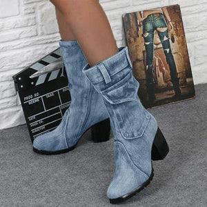 New 2019 Fashion Autumn Winter Women  Boots Denim Women Round Toe Cowboy Style High Heels Shoes Knee High Boots 35-43