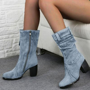 New 2019 Fashion Autumn Winter Women  Boots Denim Women Round Toe Cowboy Style High Heels Shoes Knee High Boots 35-43