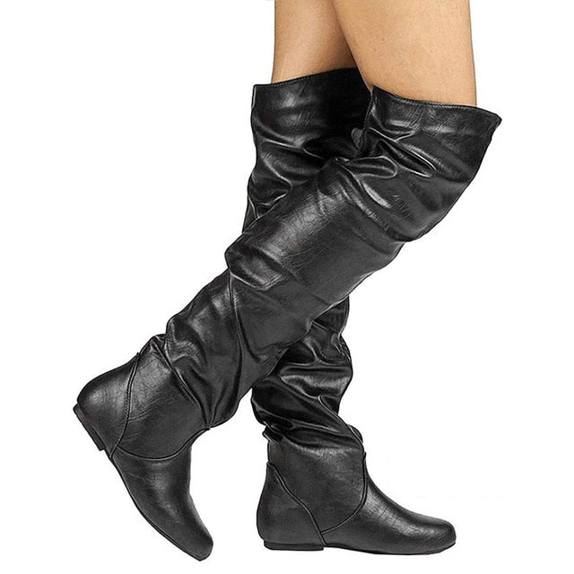 Lasyarrow Over The Knee Boots Women Pu Elastic Boots Female Round Toe Shoes Concise Flat Shoes Autumn Winter 2019 Plus Size 48