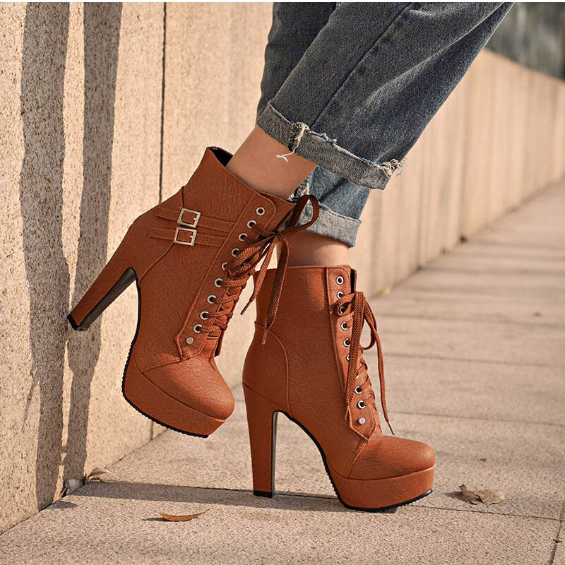 Plus Size Ankle Boots Women Platform High Heels Female Lace Up Women's Shoes Buckle Woman Short Boot Ladies Footwear