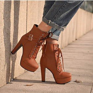 Plus Size Ankle Boots Women Platform High Heels Female Lace Up Women's Shoes Buckle Woman Short Boot Ladies Footwear