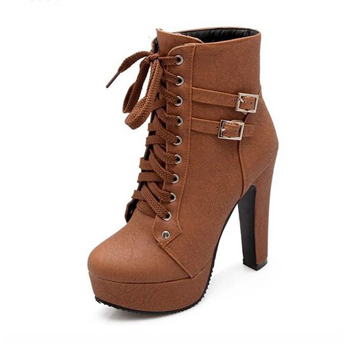 Plus Size Ankle Boots Women Platform High Heels Female Lace Up Women's Shoes Buckle Woman Short Boot Ladies Footwear