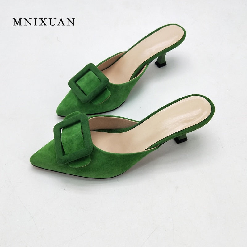 MNIXUAN sexy mules shoes women 2018 new fashion pointed toe shallow ladies slipper sandals thin heels 5cm height green size 42