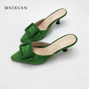 MNIXUAN sexy mules shoes women 2018 new fashion pointed toe shallow ladies slipper sandals thin heels 5cm height green size 42