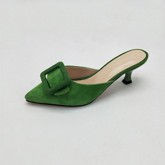 MNIXUAN sexy mules shoes women 2018 new fashion pointed toe shallow ladies slipper sandals thin heels 5cm height green size 42