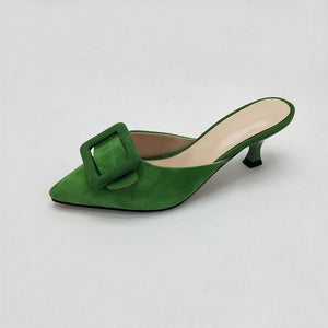 MNIXUAN sexy mules shoes women 2018 new fashion pointed toe shallow ladies slipper sandals thin heels 5cm height green size 42
