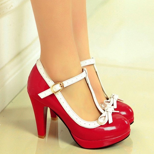 Sgesvier Princess Lolita Mary Jane Shoes Woman High Heels Red White Bowtie Ladies Summer Spike Heel Pumps Party Summer B212