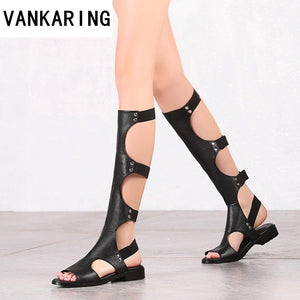 classic design fashion gladiator summer sandals women knee high boots ladies sexy cut-outs black boots leather dress shoes woman
